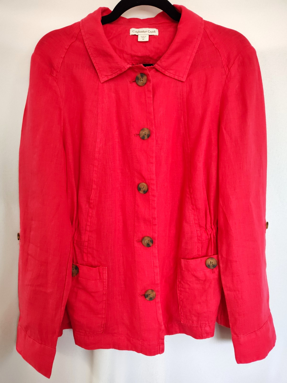 ColdWater Creek Jacket Linen Size 10 Pink Button Up Cinch Waist Roll Tab Sleeves